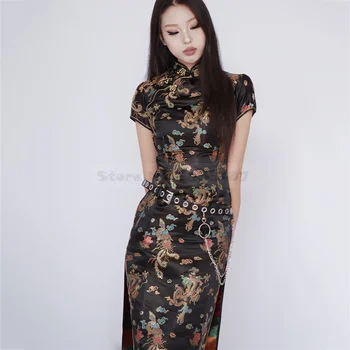 Sexy Elegant Long Dragon and Phoenix Cheongsam Retro Chinese Style Dresses Female Qipao Sexy Classic Satin Slim Vestidos 5XL 6XL