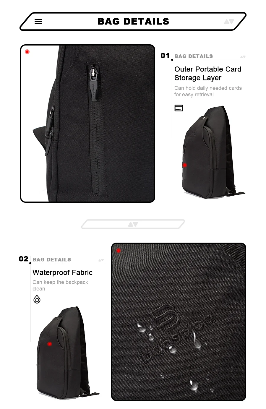 Baasploa Herren-Umhängetasche, modisch, wasserdicht, großes Fassungsvermögen, Outdoor-Sport, Wandern, Brusttasche, Rucksack mit mehreren Taschen, Umhängetasche – Detail 3