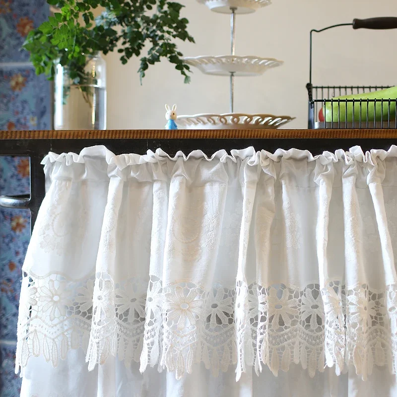 Café Curtains For Kitchen & Bathroom - 3-Piece Set With Valance, Embroidered Lace Trim - View #3