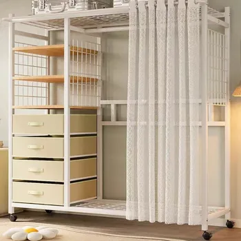 Modern Multi-Functional Open Storage Metal Wardrobe MDF Floor-standing Wardrobe Dustproof Hanging Clothes Simple Living Room