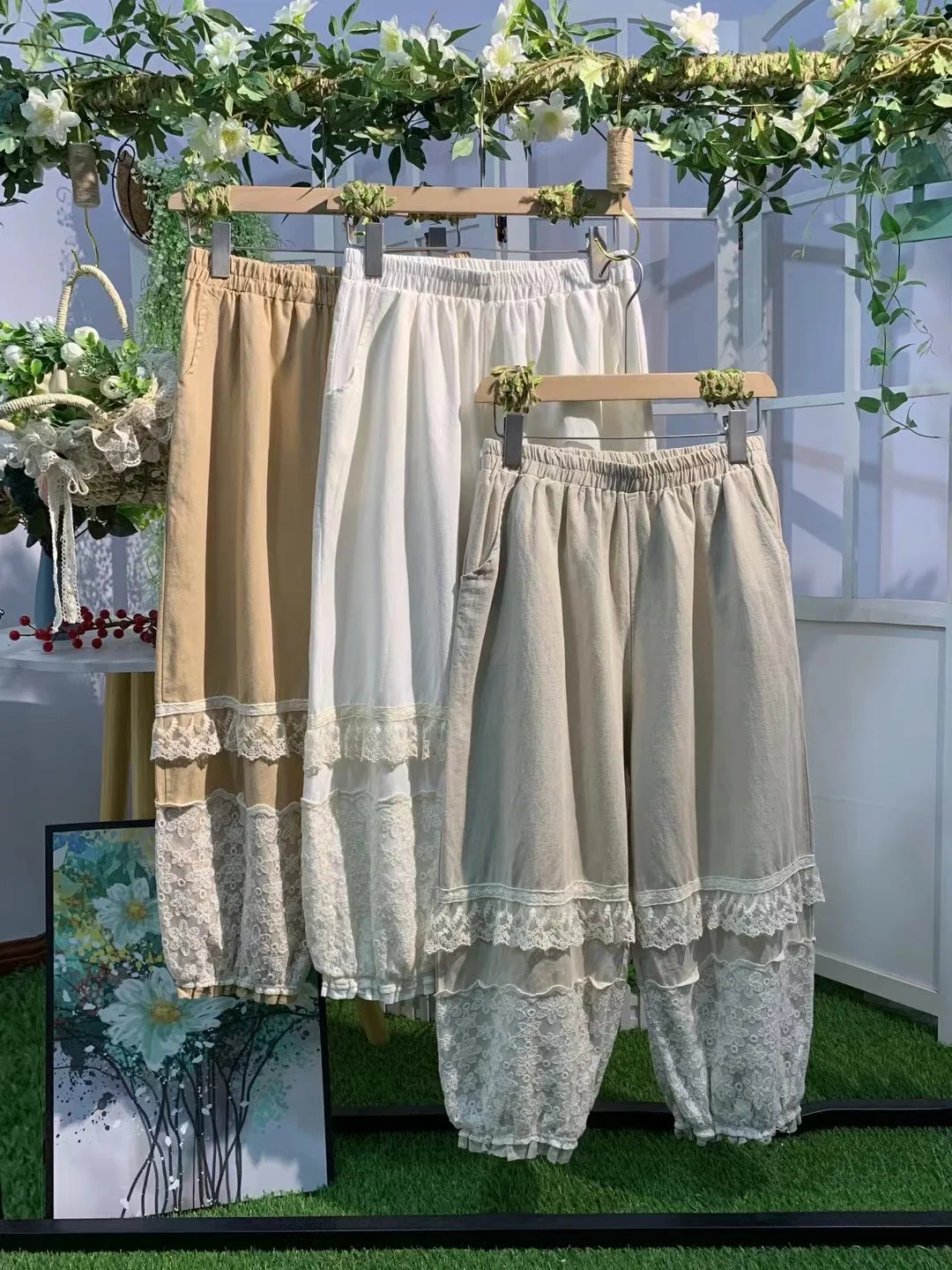 

Japanese Sweet Cotton Linen Ankle-length Pants Loose Elastic Waist Summer New Casual Lace Splicing Bloomers