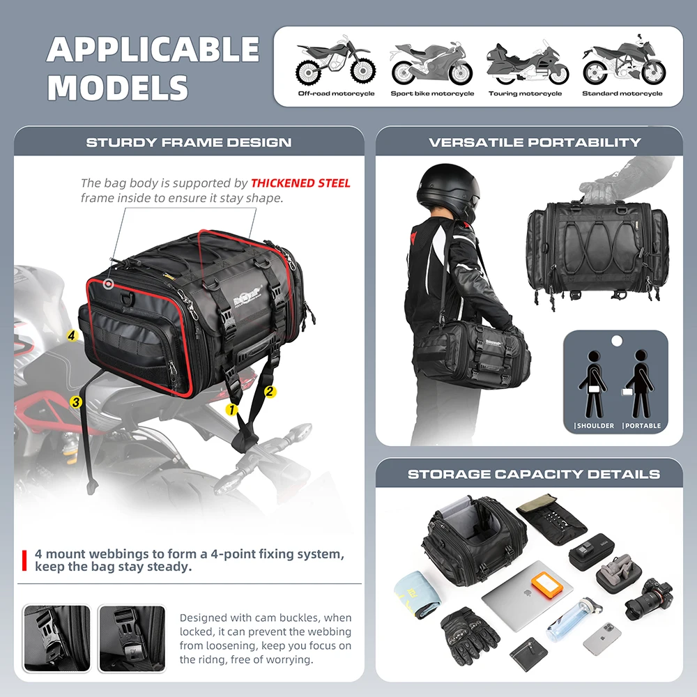 Rhinowalk MT4026 Motorcycle Bag 19 32L 40 60L Waterproof Tail Bag - Image 3