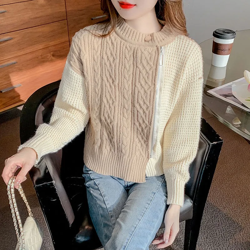 

Autumn and Winter Women's Pullover Round Neck Patchwork Zipper Sweater Fashion Casual Commuter Long Sleeve Tops