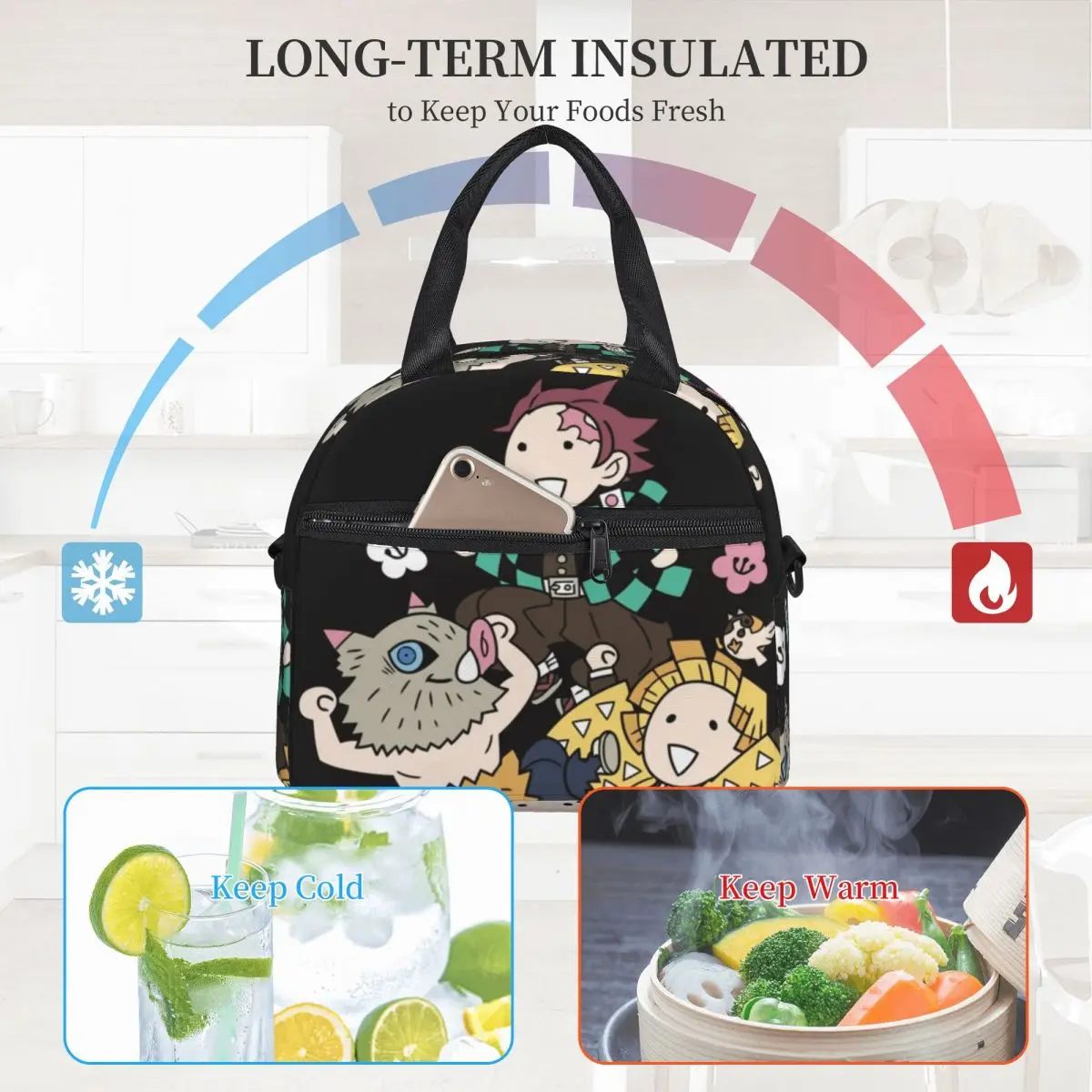 Kimetsu No Yaiba Demon Slayer Lunch Bags Insulated Bento Box Lunch Tote Picnic Bags Cooler Thermal Bag for Woman Student Office