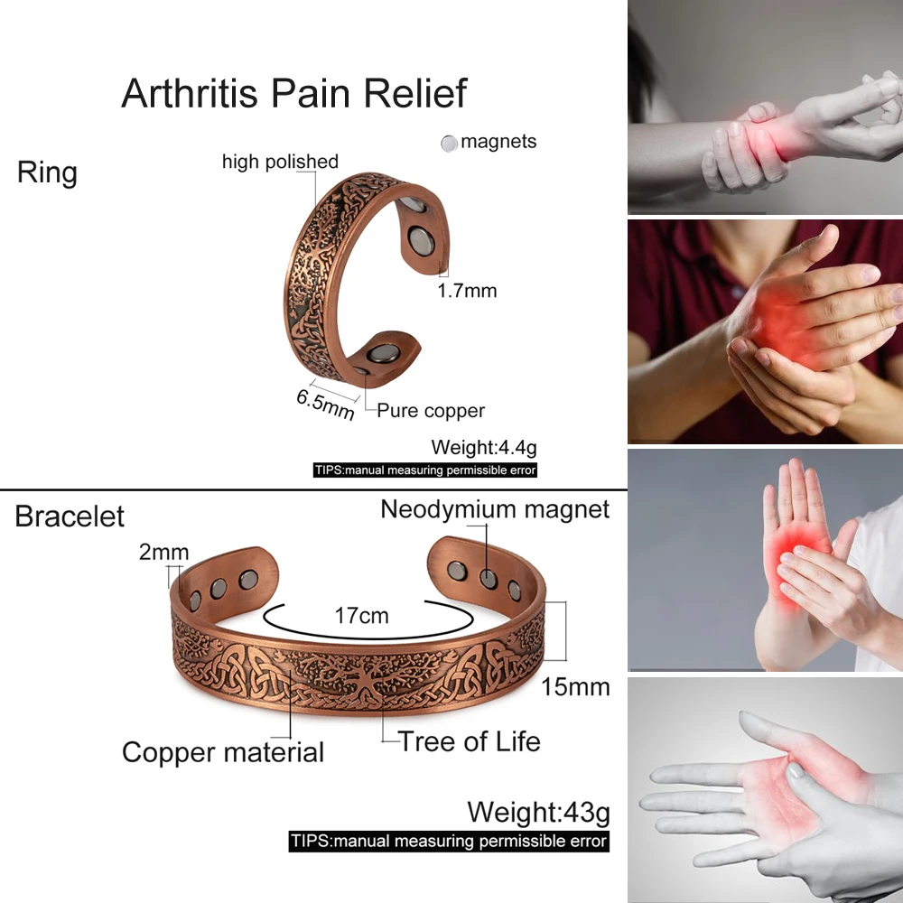 Meathly Set di gioielli in rame puro magnetico Yggdrasil Bracciale vintage regolabile Anello Set di gioielli vichinghi per la salute ridimensionabile per donne e uomini_voghion.com