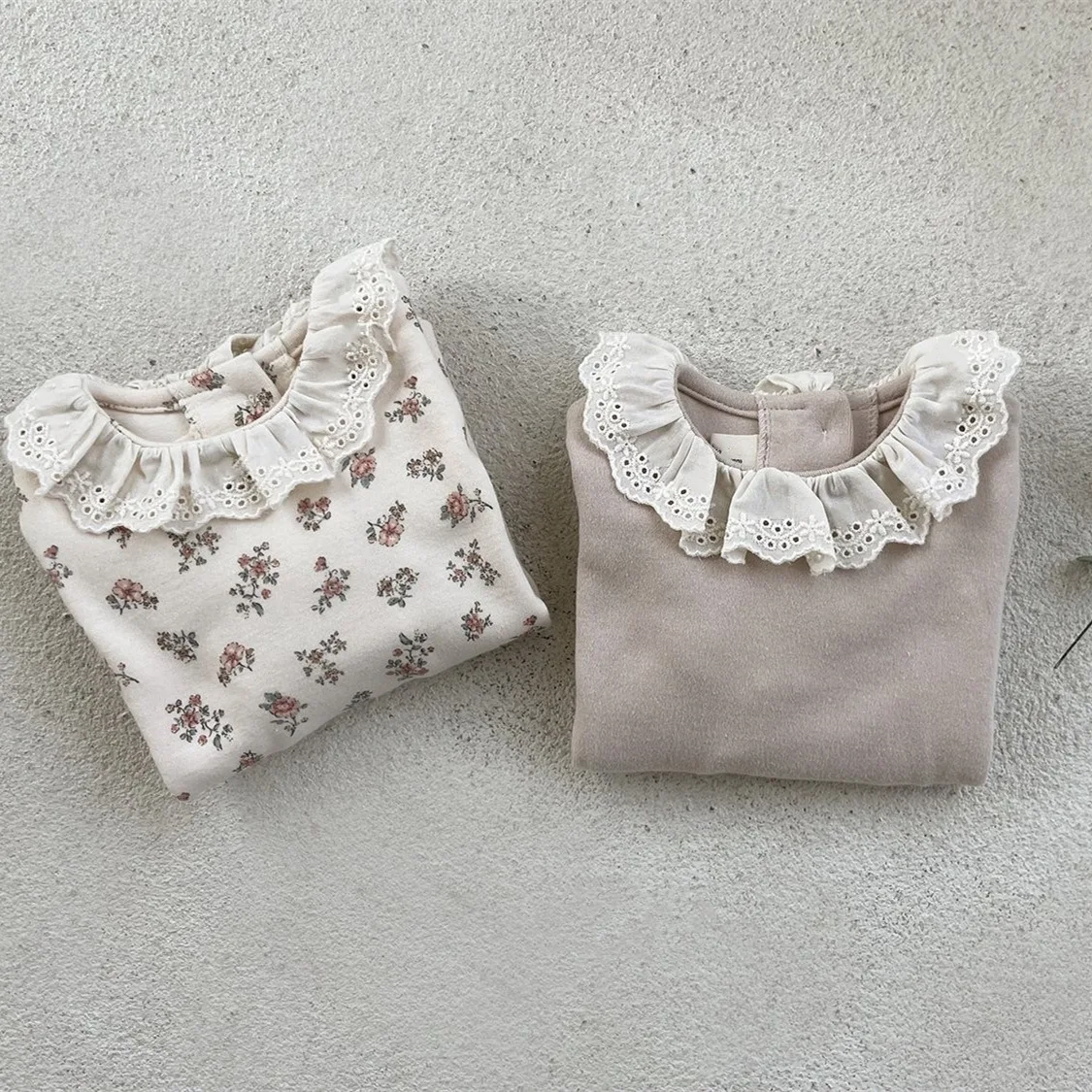Summer Baby Girl Lace Long Sleeves Bottoming Shirt Infant Girl Cotton Flower Print Tops Toddler Boy Pure Color T-shirts