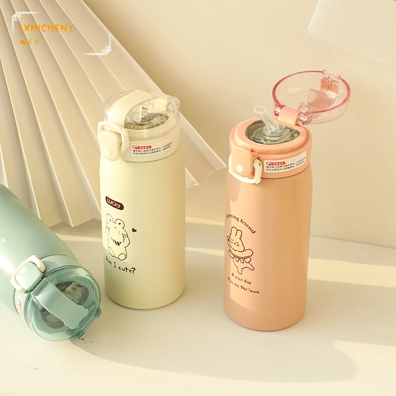 

350ml/500ml Cartoon Stainless Steel Vacuum Flasks with Straw Portable Kids Thermos Mug Thermal Water Bottle Tumbler Thermocup