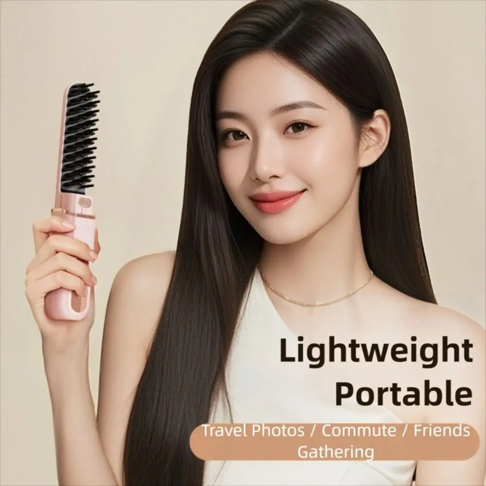 Portable Wireless Hair Straightener 3 Temp Settings Type-C Straight Hair Comb Mini with Lid Straightening Comb