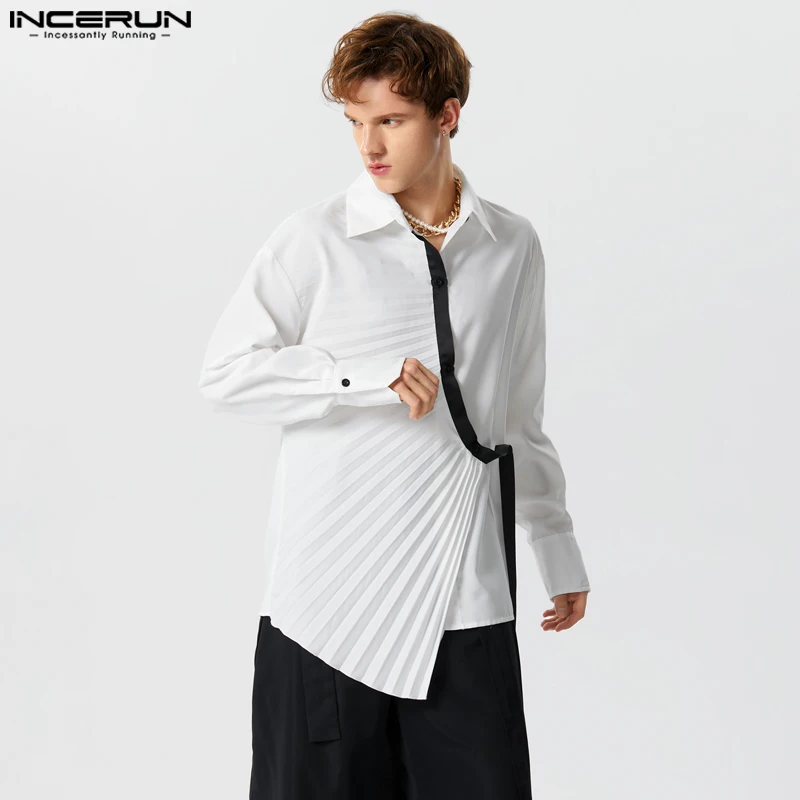 

INCERUN 2023 Men Irregular Shirt Patchwork Pleated Loose Lapel Long Sleeve Casual Men Clothing Streetwear Fashion Camisas S-5XL