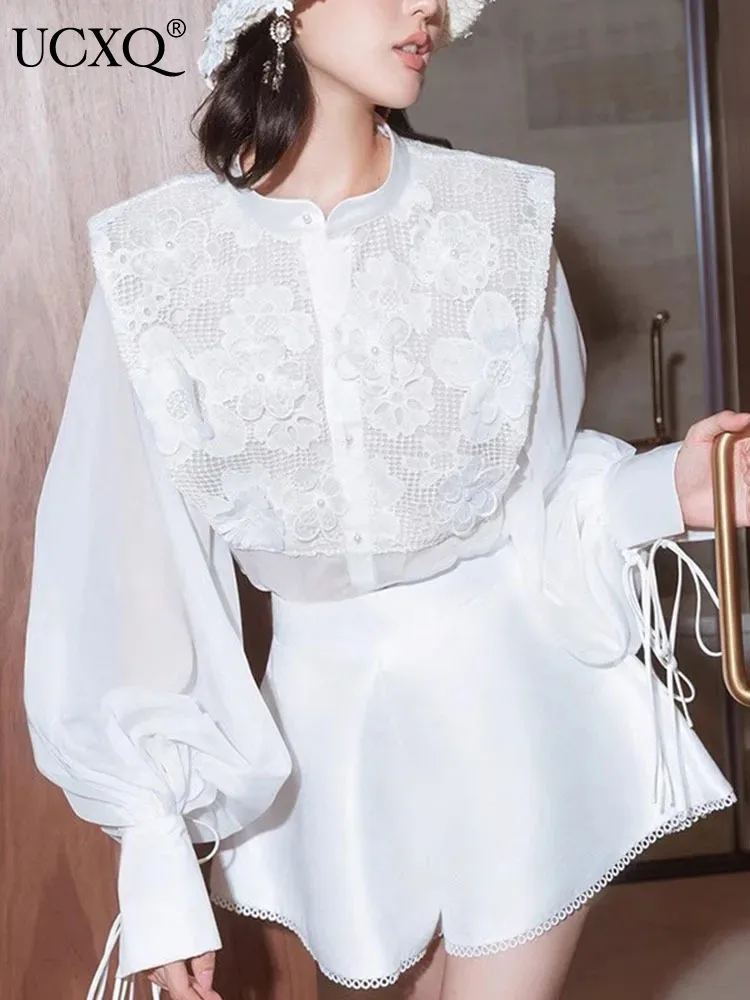 

UCXQ Elegant Lace Hook Flower Hollow Lantern Long Sleeve Shirt Blouses Wide Leg Shorts Two Pieces Set 2024 Spring Autumn 23A7372