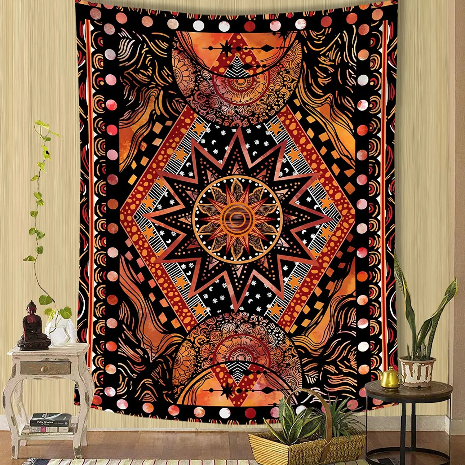 Orange Sun and Moon Tapestry Wall Hanging Indie Hippie Mandala Cool Wall Tapestries Aesthetic Tapestry for Bedroom Living Room tapestry decor