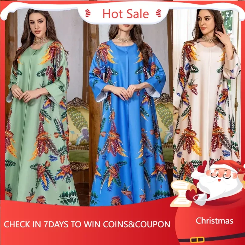 

Abaya Dress Arab Dubai Fashion Printing Diamonds Casual Homewear Abayas for Muslim Women Ramadan Eid Robe Moroccan Africa Caftan