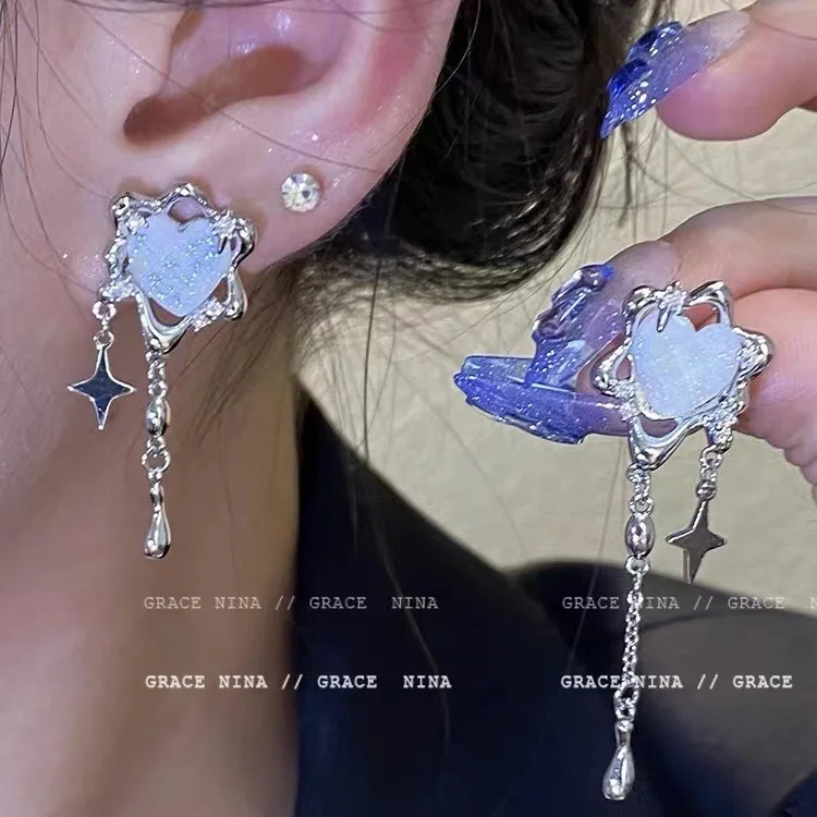 Y2K Shiny Zircon Star Tassel Earrings for Women Korean