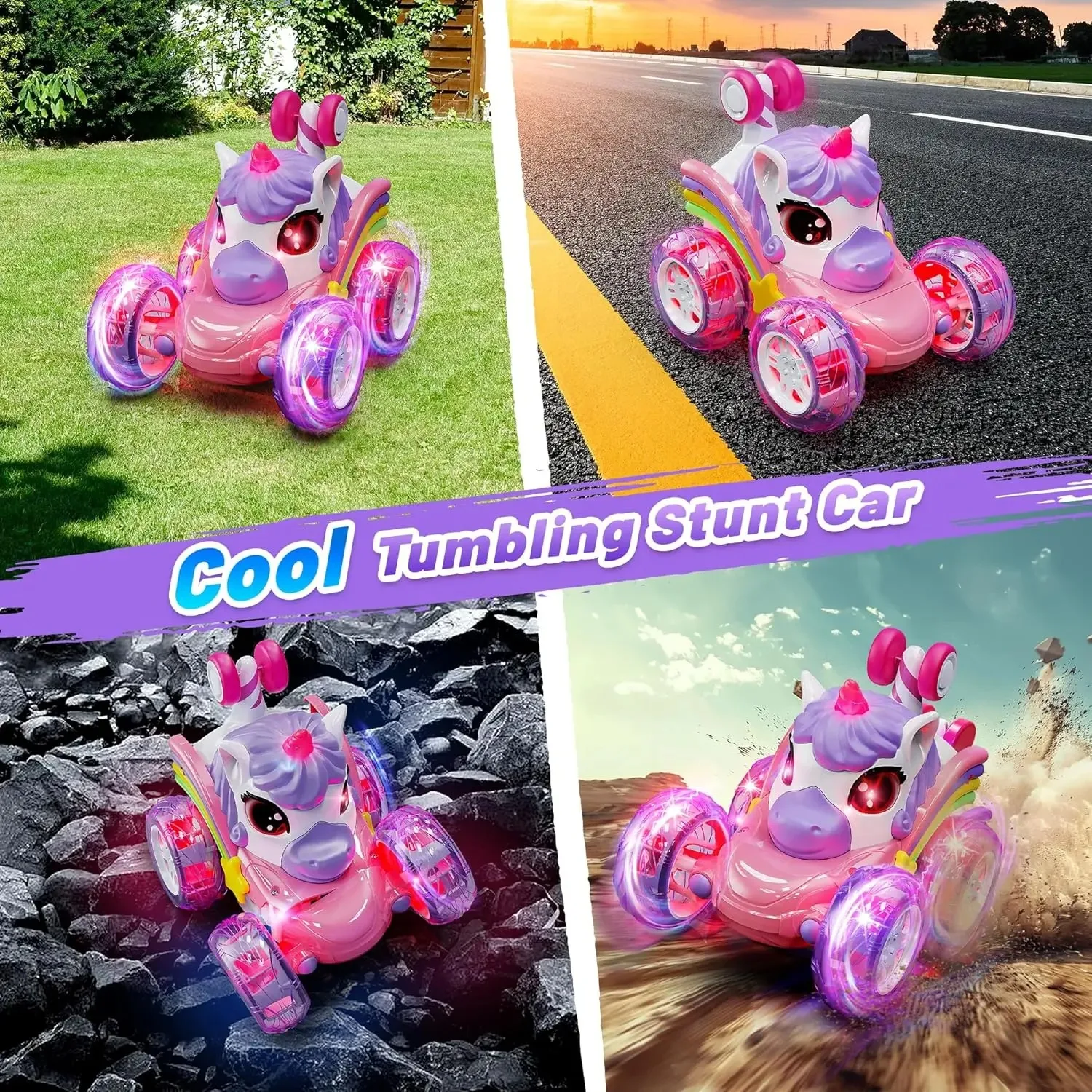 Einhorn-Ferngesteuertes Auto für Mädchen, 360° drehbares 4WD-Stunt-RC-Auto mit niedlichen Lichtern, wiederaufladbares Spielzeug – ideales Geburtstagsgeschenk für Kinder_voghion.com