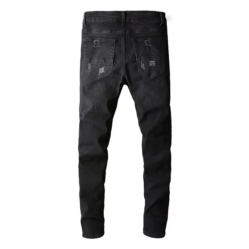 European and American High Street Black Casual Jeans, New Style Men's Hand-Scratched and Multi-Patch Fashion Street Jeans 3