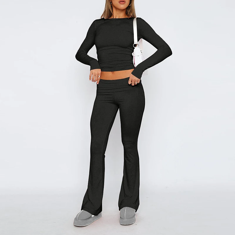 Women's Cotton 2 Piece Loungewear Fold-over Yoga Pants Set Long Sleeve Cropped Top Casual Outfits Pajamas Two Piece Sets