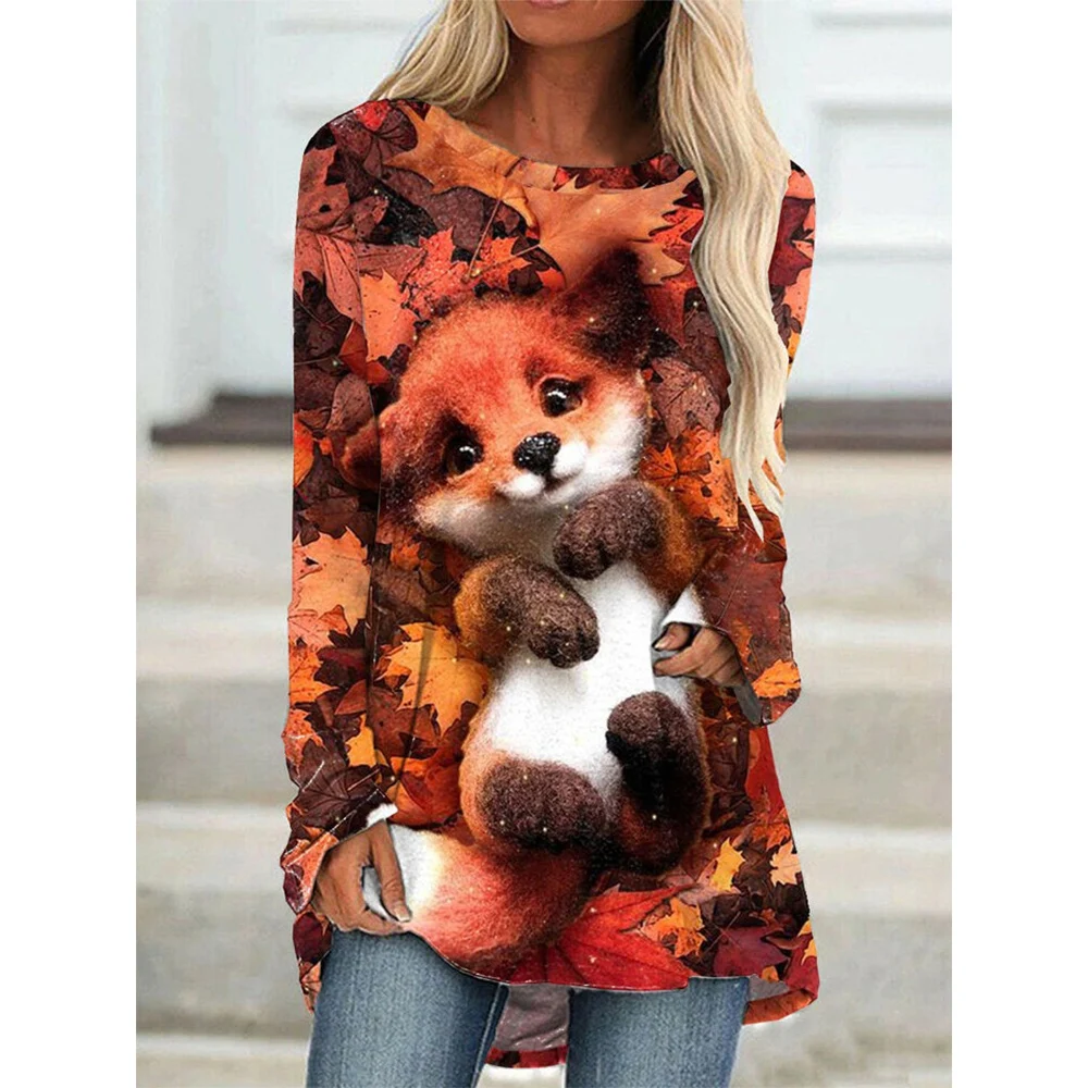 

CLOOCL Crew Neck T-Shirt Cartoon Cute Squirrel Pattern 3D Print Tee Loose Casual Long Sleeves Tops Comfy Soft Women Sweatshirts