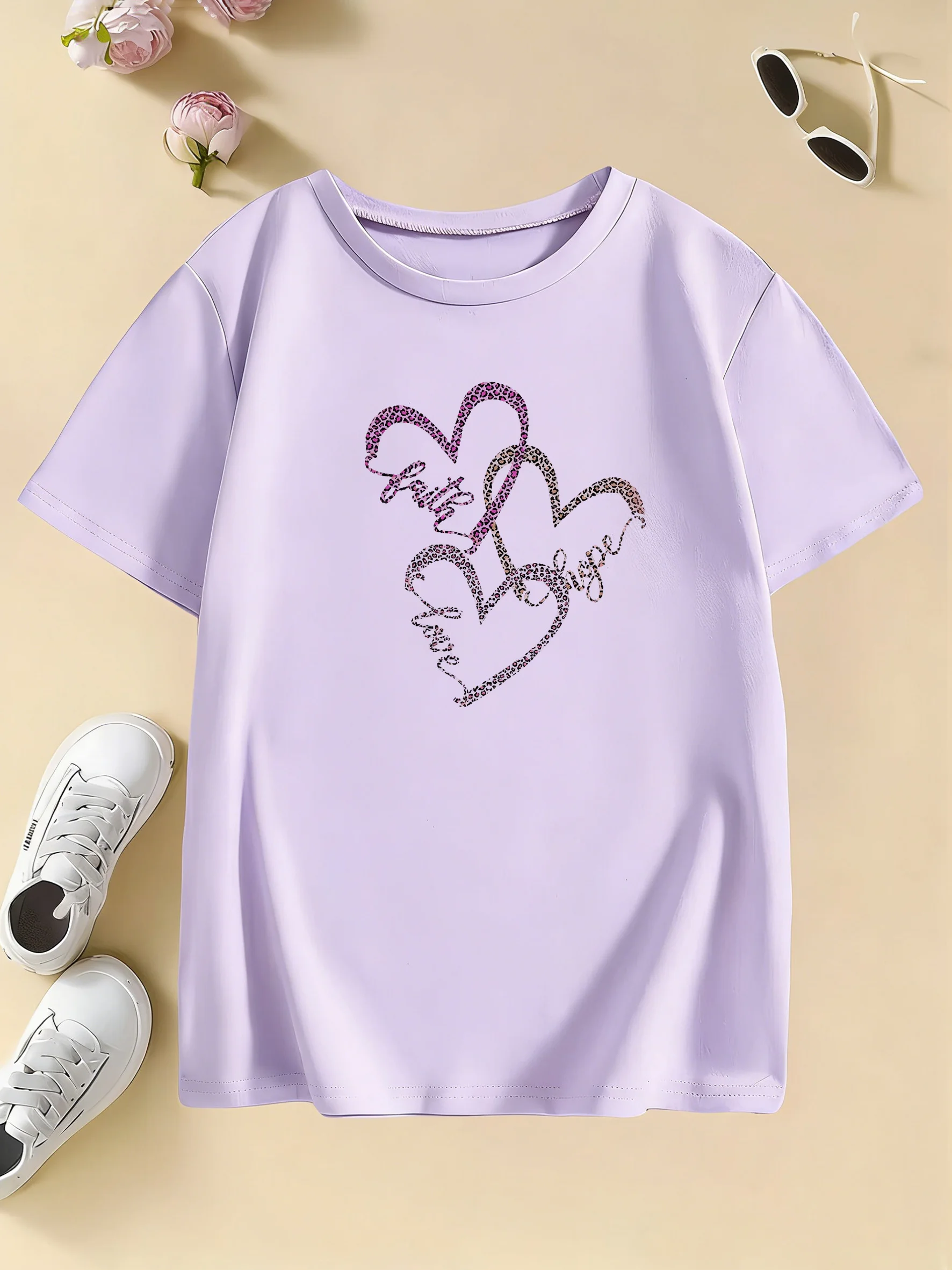 Children's Leopard Print Heart T-Shirt - Casual Spring/Summer Tee