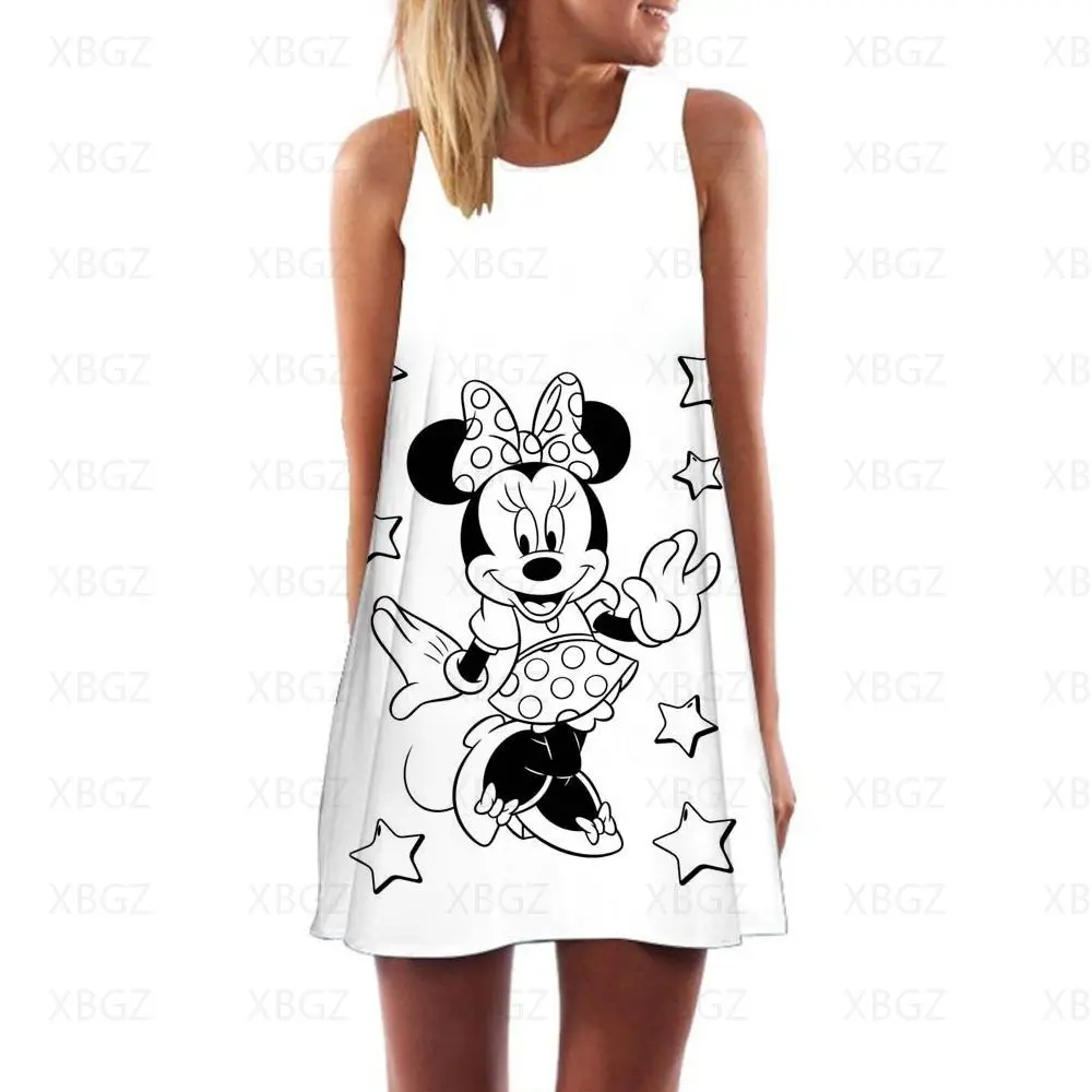 Women's Dress Boho Minnie Mouse Dresses 2022 Sleeveless Summer Sundresses Mickey Woman Cartoon Mini Disney Loose Cool Fashion 3D