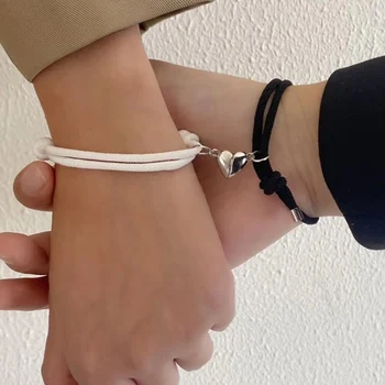 Magnetic Heart Couple Bracelets Black White Rope Set with Silver Charm Friendship