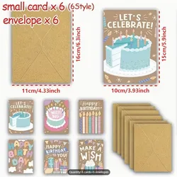 Vibrant Illustrated Birthday Greeting Cards with Envelopes - Set of 6 Unique Designs (6sets)