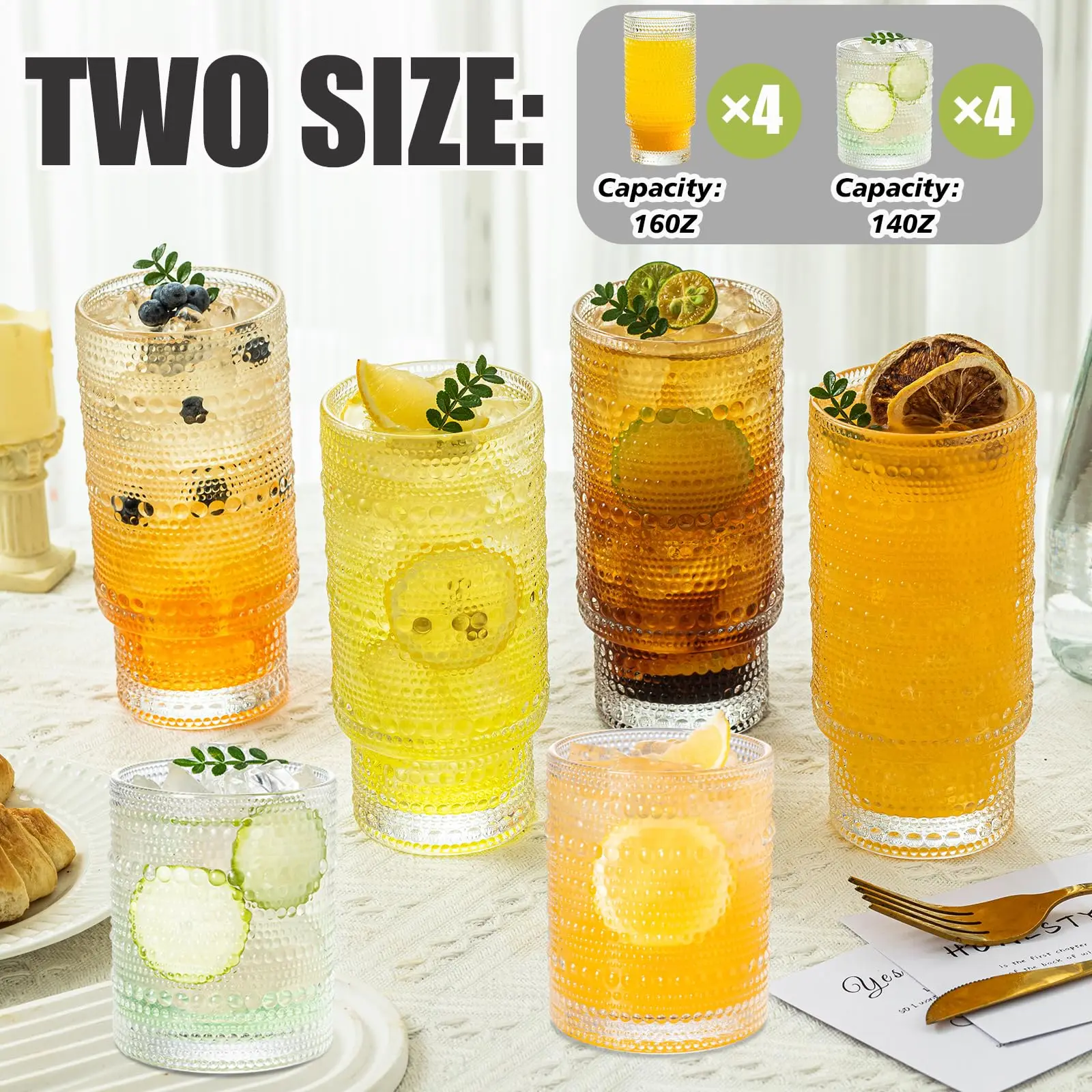 8PCS Raindrop Cup Glasses Vintage Glassware 14/16 oz Cute Beaded Bubble Cocktail Cup For Wine Beer Juice Whiskey