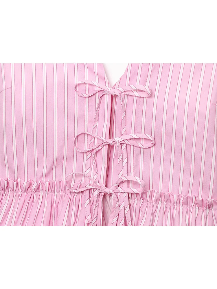 TFMLN Women Summer Shorts Outfits Loose Casual Bow Tie Front Striped Sleeveless V Neck Tops + Wide Leg Shorts 2 Pcs Pink Set