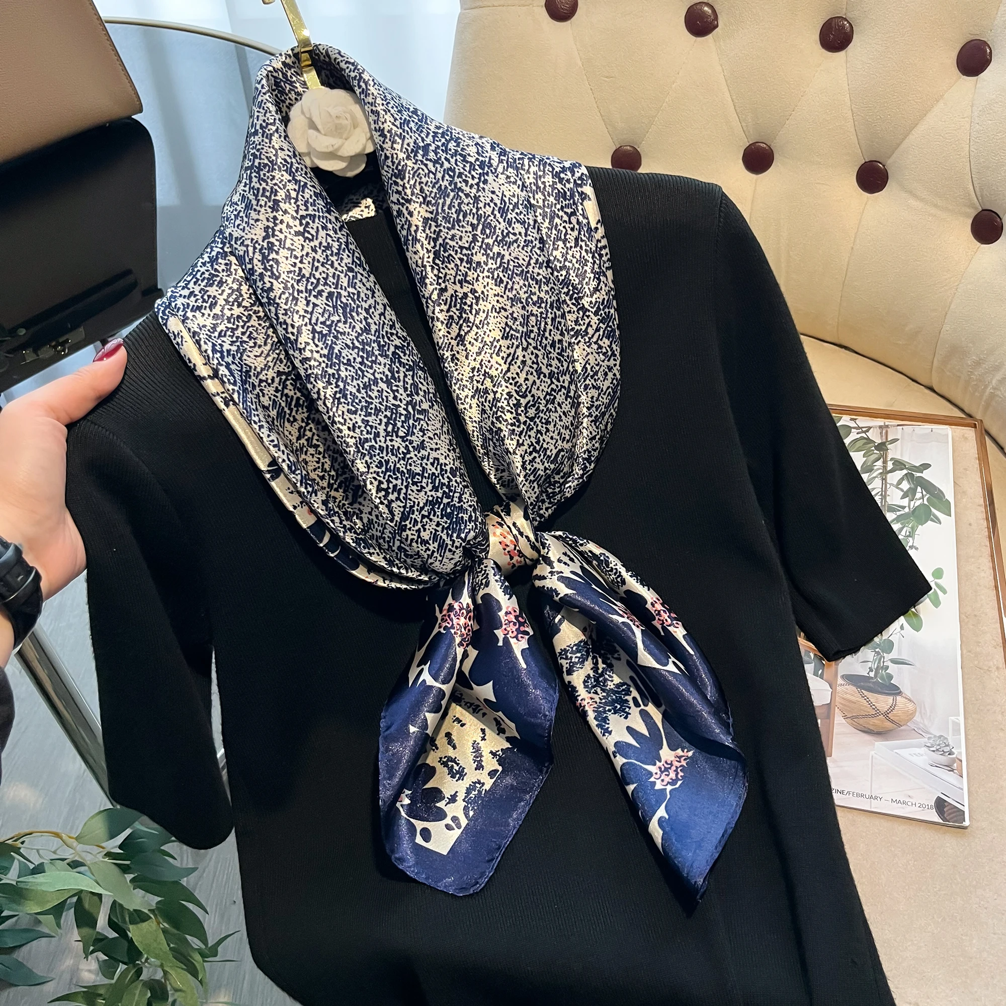 New Luxury Brand 90*90cm Silk Satin Square Scarf Women Hijab Bandana Headband Ladies Shawls Bag Wrap Muffler Neckerchief Foulard