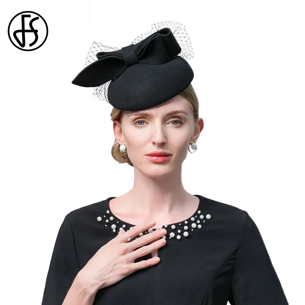 FS Black Pillbox Hats For Women Red Beret Wool Felt Cap Fascinator