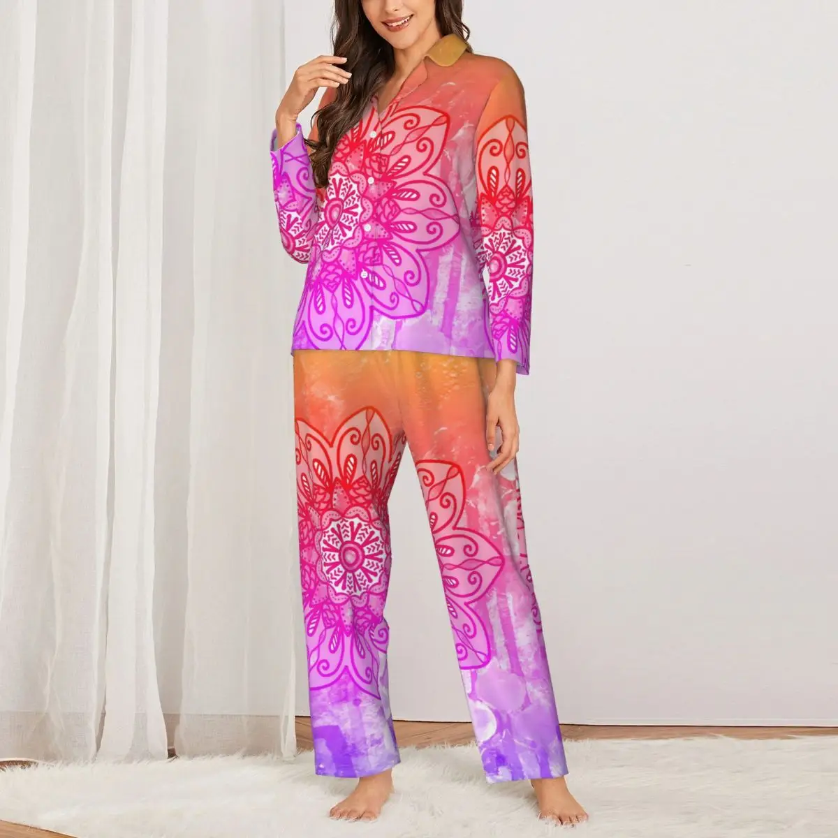 

Женская пижама с радужной мандалой, в стиле ретро, с принтом лотоса, модная одежда для сна для комнаты, осенний комплект из 2 предметов, повседневные пижамные комплекты большого размера на заказ
