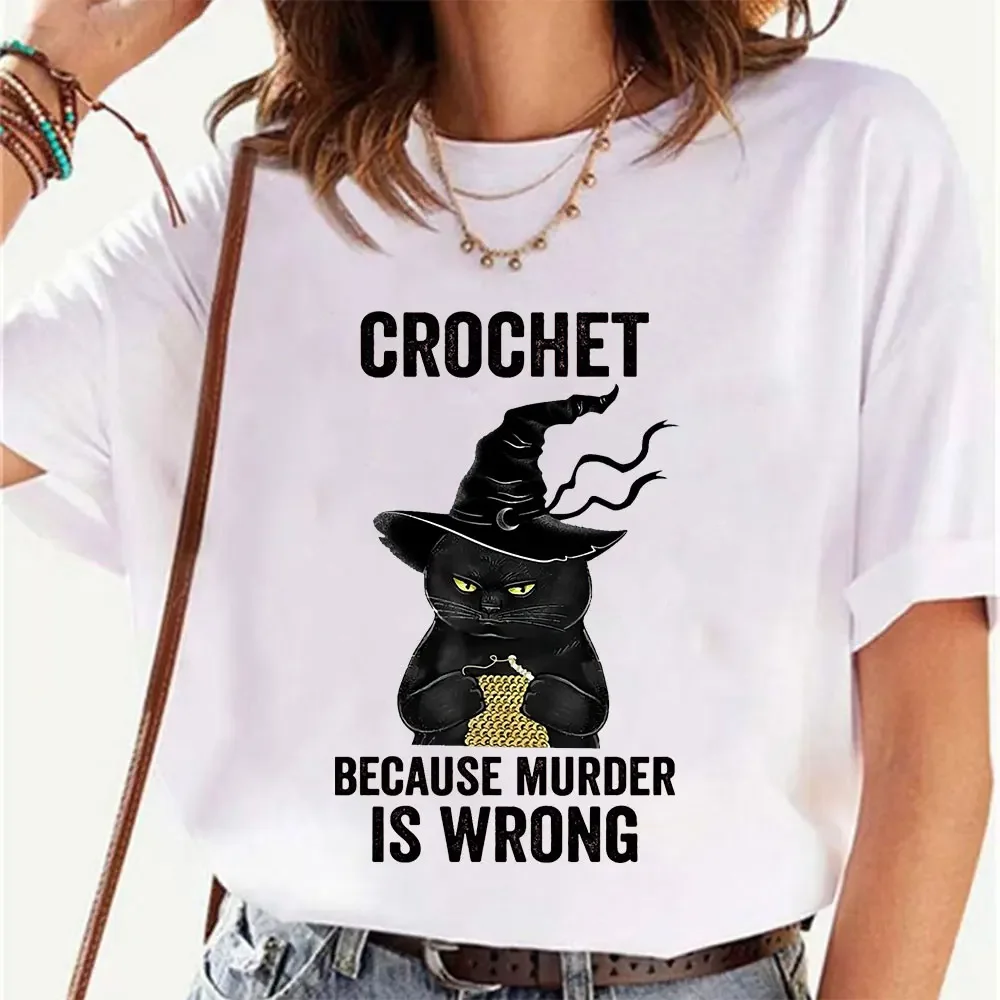 

Crochet Because Murder Is Wrong Print T-shirts for Women Black Cat Clothes Short Sleeve Casual T Shirt Harajuku Fashion Top Tees