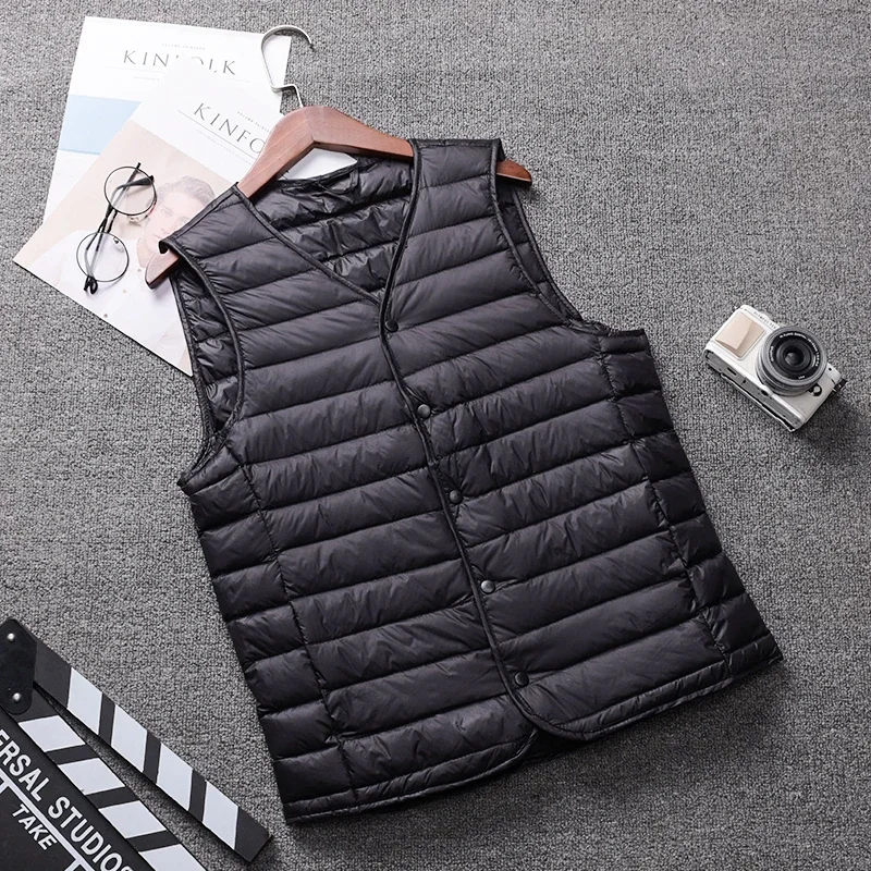 Schinteon Men Light Down Vest Gielt Casual Waistcoat Spring Autumn White Duck Down Jacket Male V-neck Sleeveless Coat Liner Vest
