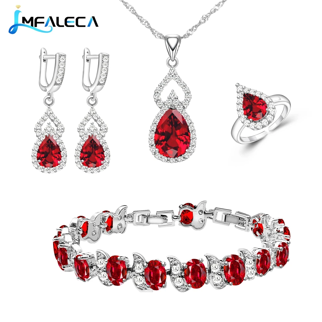 

Women Silver 925 Custom Jewelry Sets Red Garnet Teardrop Bithstone Earrings Necklace Open Ring Bracelets Set for Mom/Wife/Friend