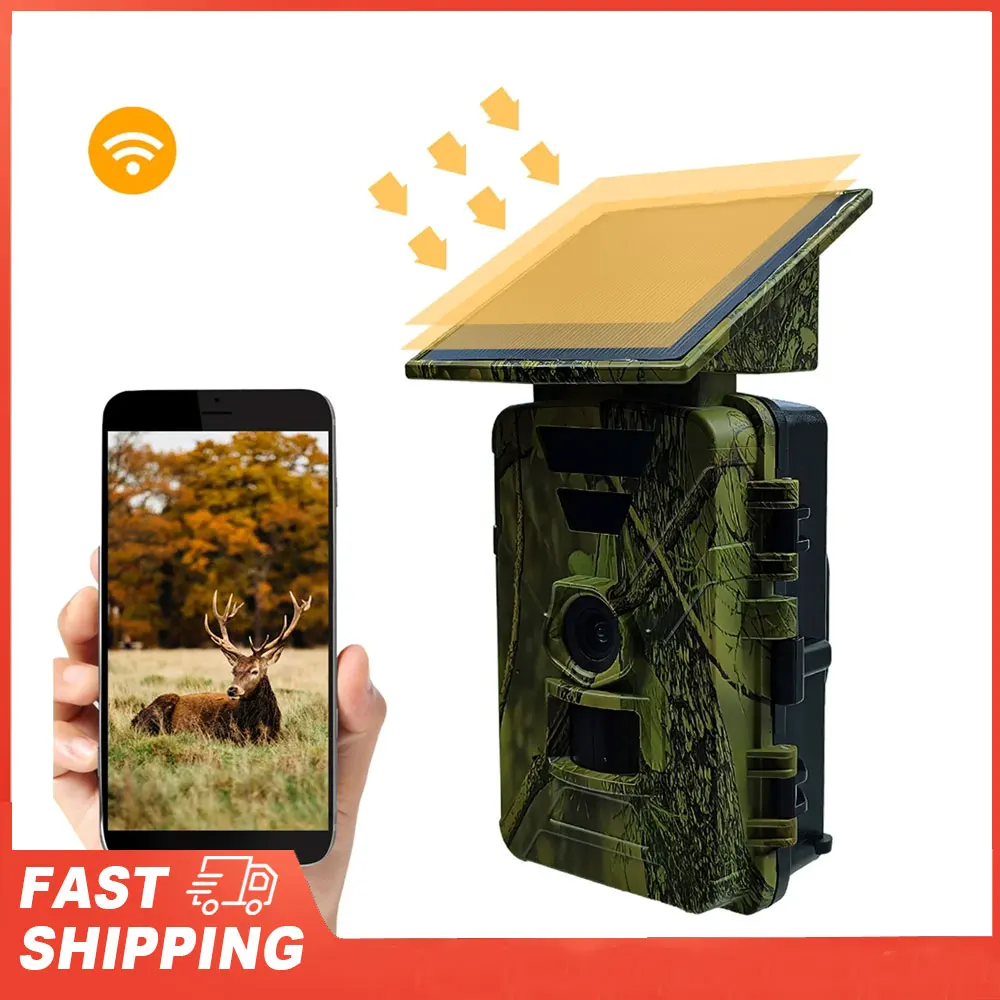 Caméra de chasse solaire WiFi 8K 60MP étanche IP66 pour surveillance extérieure des animaux nocturnes