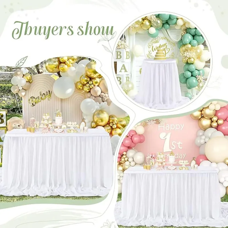 Chiffon Table Skirt White Table Skirts for Rectangle Tables Chiffon Sheer Ruffle TableCloth for Party Banquet Cake Decor