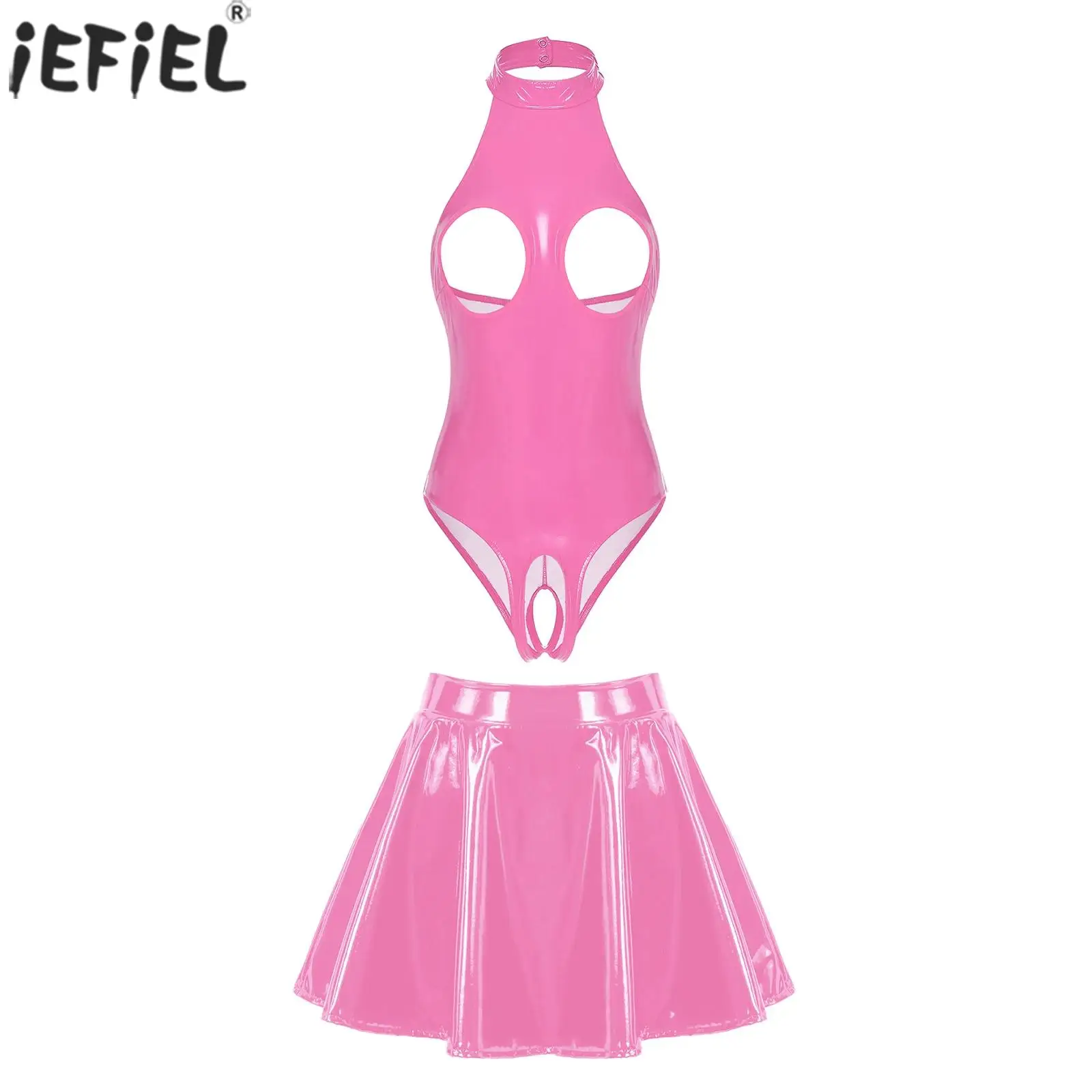 

2PCS Womens Patent Leather Lingerie Set Halter Open Cup Crotchless Bodysuit with Zipper Flared Skirt for Nightclub Date Night