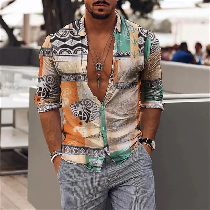 Men's Top Shirt Creative Stitching Printing Pattern Lapel Long Sleeves, 3D Digital Printing, 2023 Fashion New Hot Sale