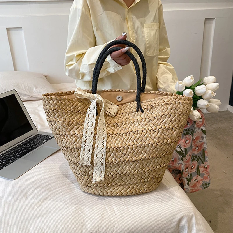 Women Shopper Tote Bag Fashion Simple Straw Shoulder Bag Handmade Rattan  Woven Beach Bag Female Shoulder Basket Portable Bag
