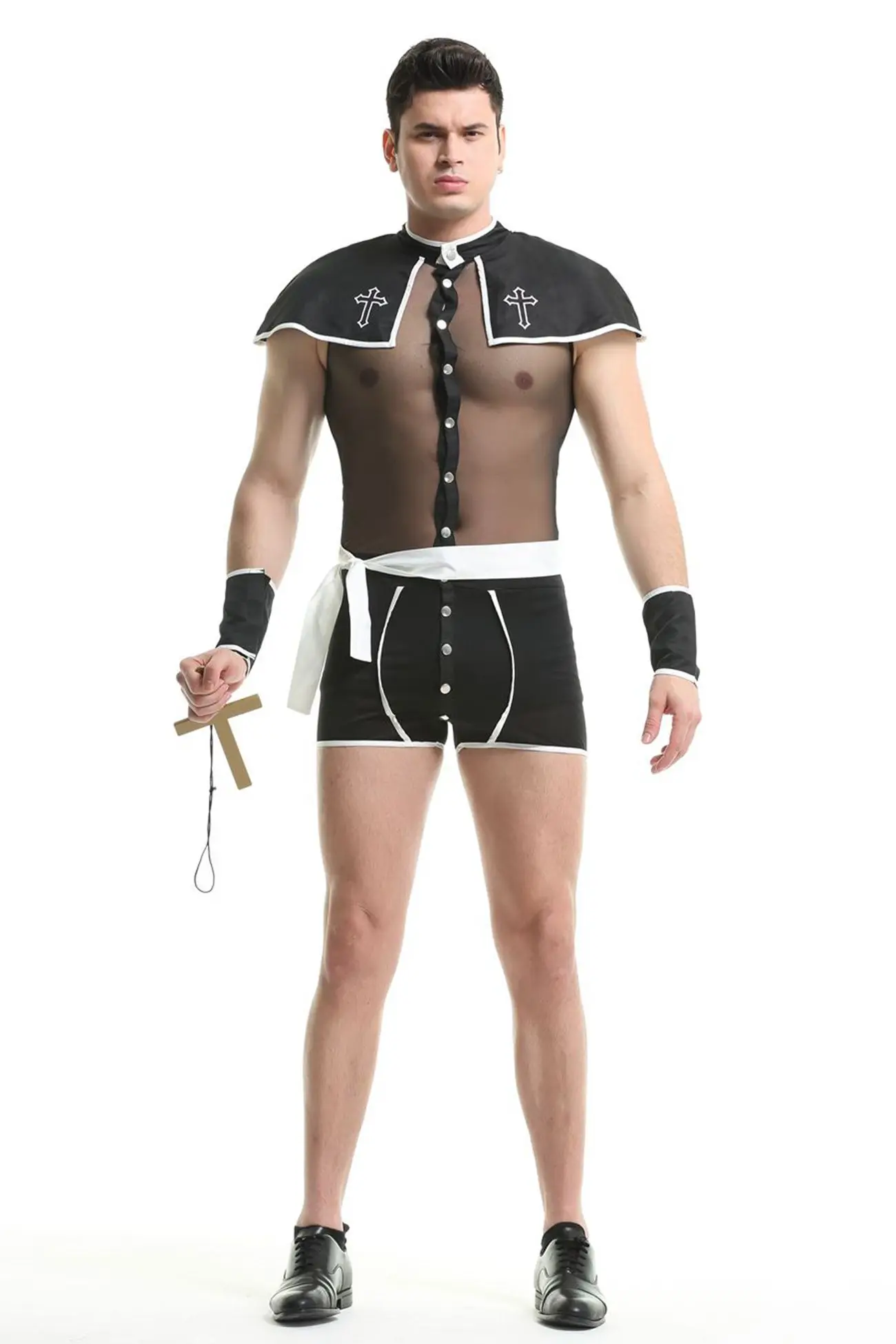 Role Play Mens Sexy Mesh Priest Cosplay Uniform Set Gay Bar Dance Perform Costume Outfit