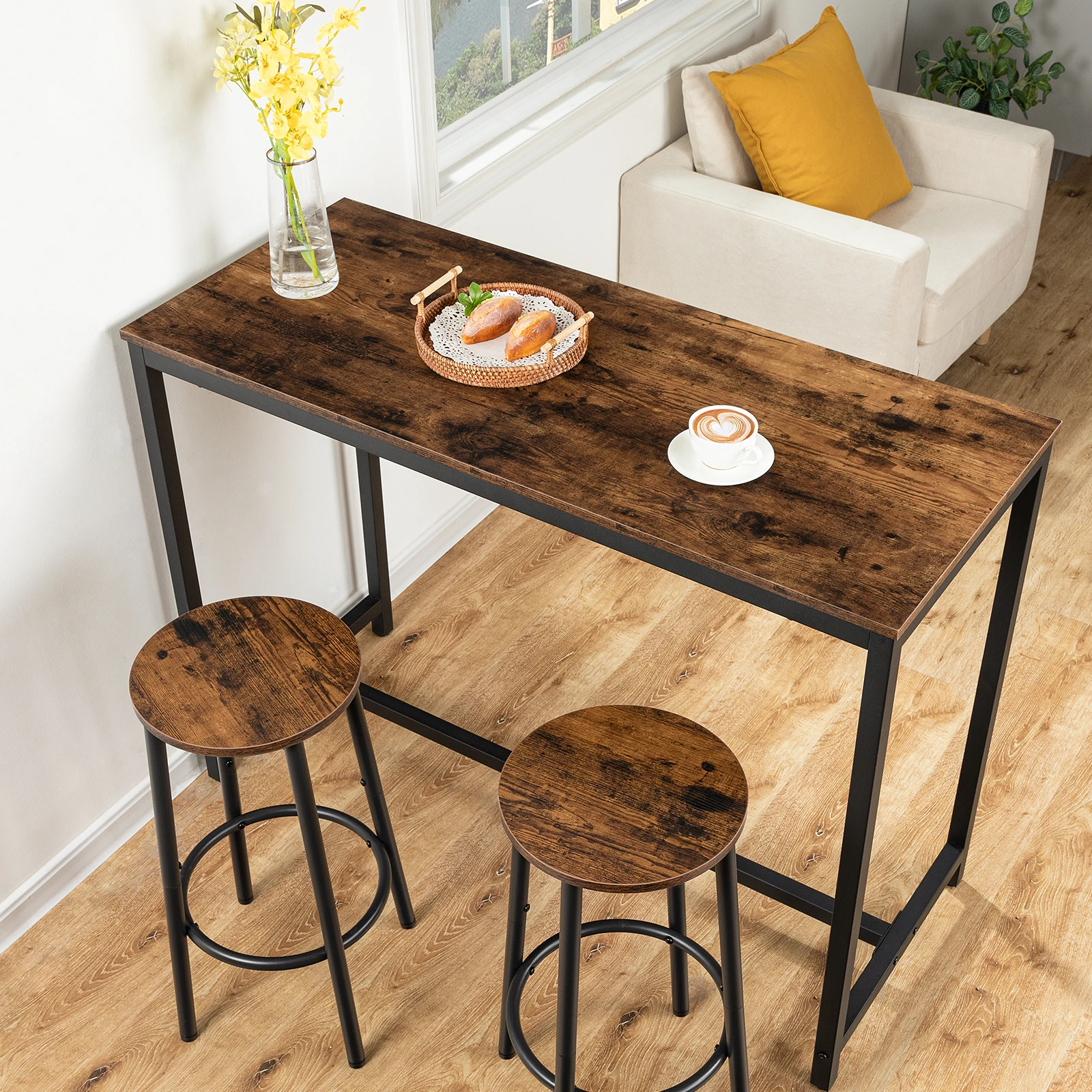 Set 2 Sgabelli Da Bar Regolabili In Altezza (64-84 Cm) In Pelle E Legno: Stile Industriale Con Poggiapiedi - 4