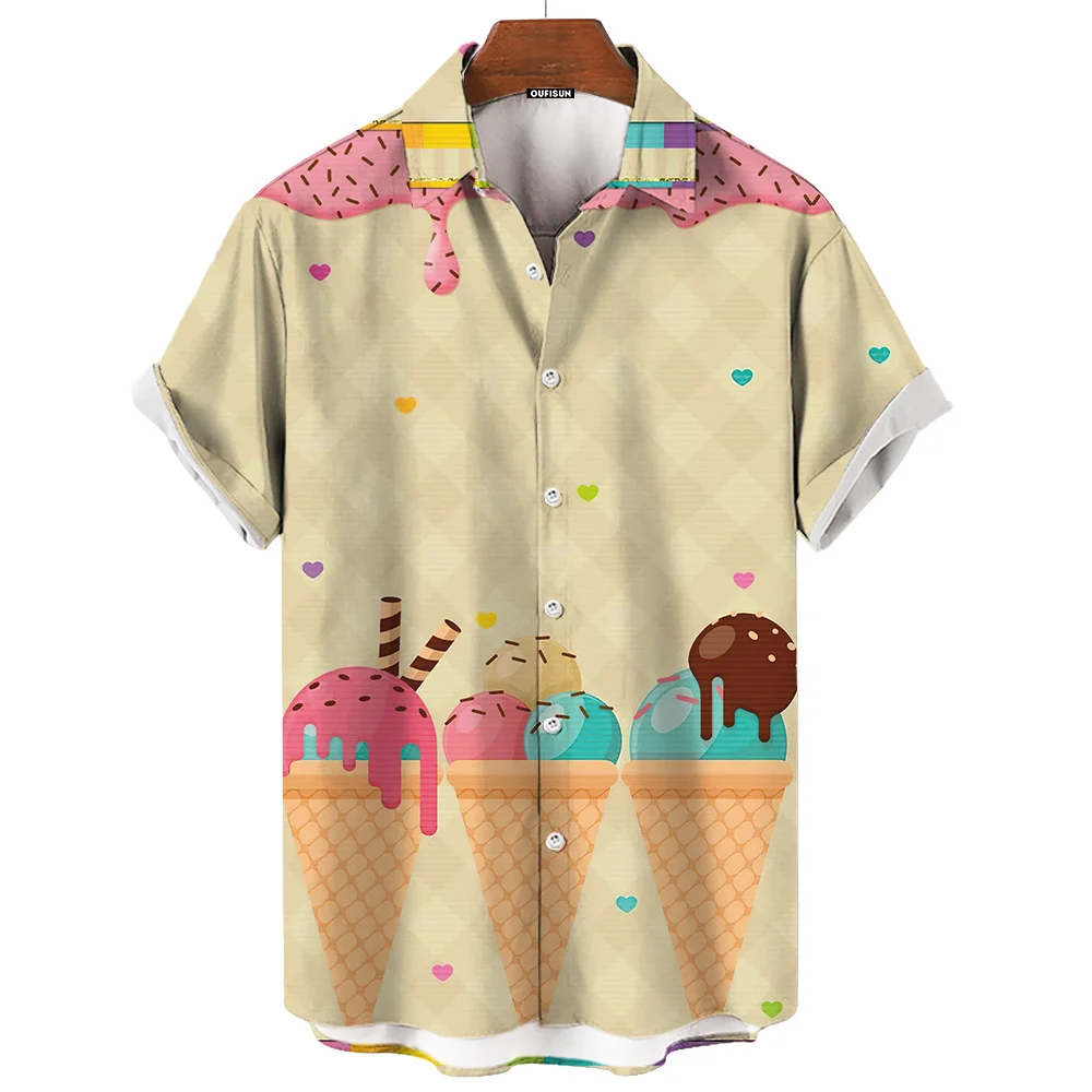 Summer Hawaiian Shirt For Men Loose Fit Fresh& Cooling Ice Cream Men's Shirts Big Size Short Sleeve Dessert Printed Man's Tops