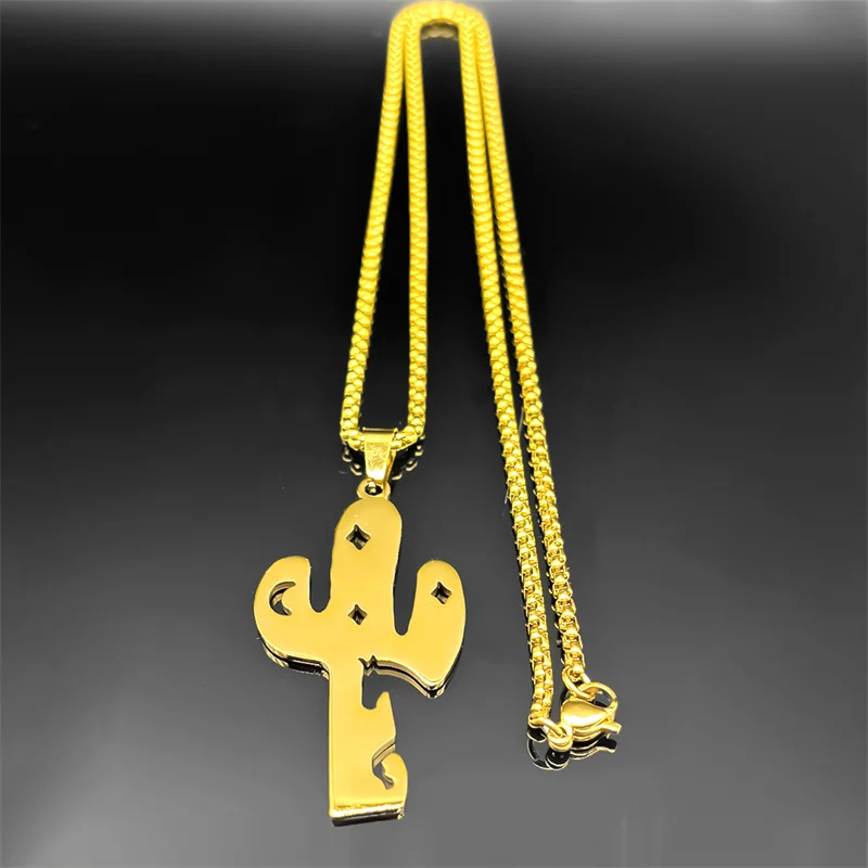 Kaktus Mond Stern Anhänger Halskette Für Frauen Männer Edelstahl Gold Silber Farbe Nette Pflanze Kette Schmuck Geschenke Kragen – Detail 8