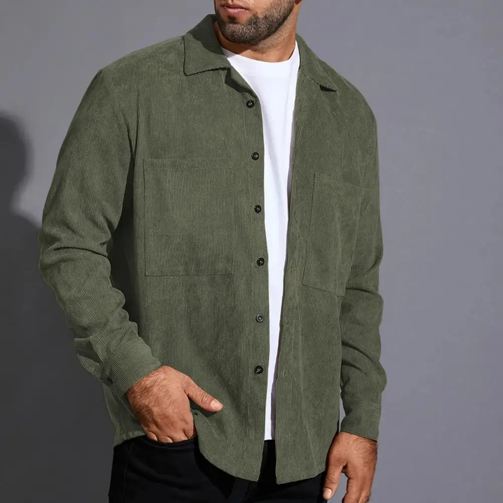 

Men Autumn Shirt Corduroy Single-breasted Long Sleeves Lapel Solid Color Warm Buttons Cardigan Men Spring Shirt for Daily Wear