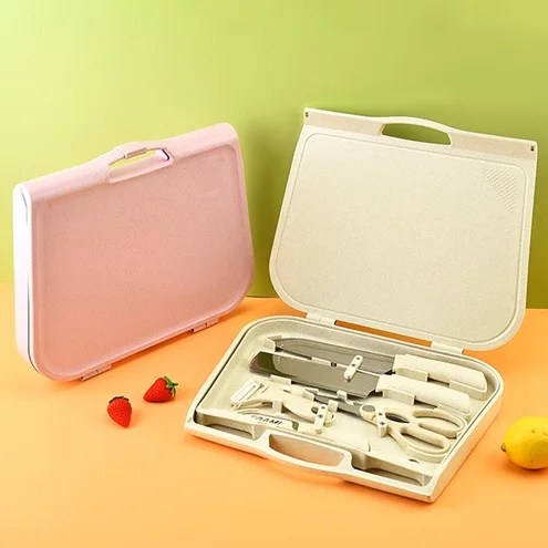 Kitchen Outdoor Camping Straw Portable 8-Piece Set with Small Vegetable Knife and Cutting Board Suitcase, BPA Free, Safe Dishwas