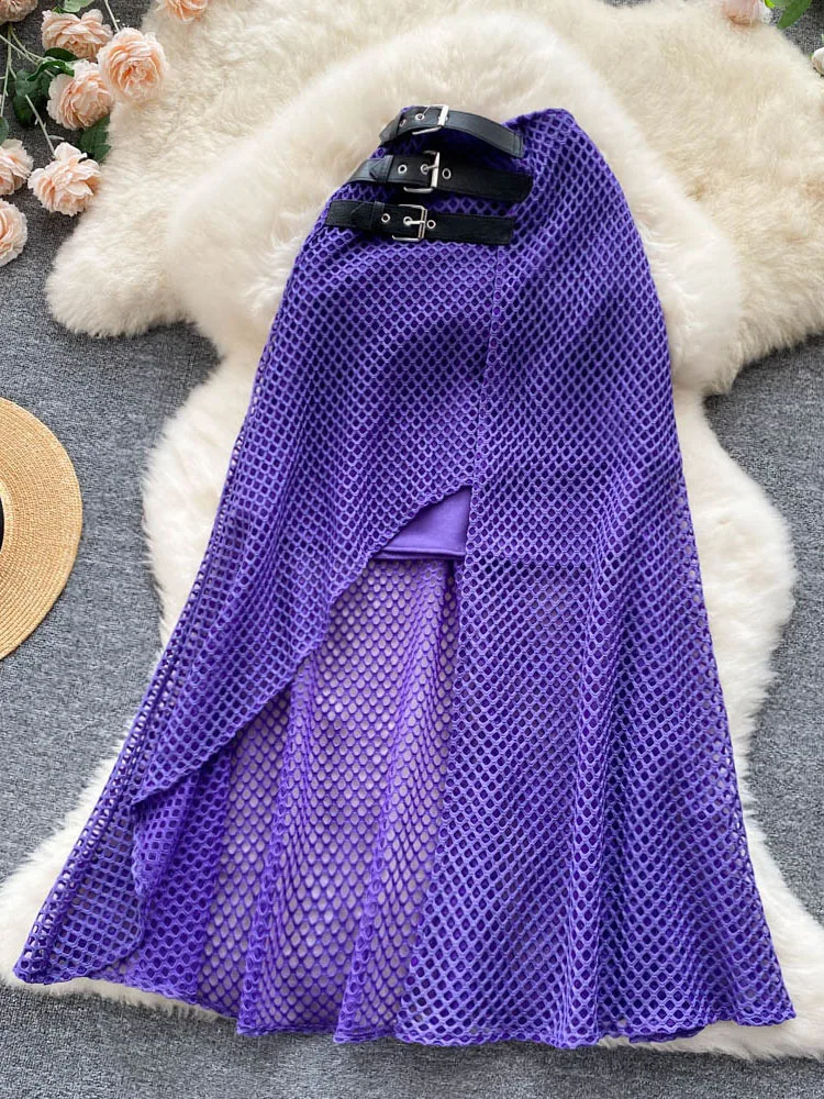 

Women's Hem Split Hollow Fishnet Skirt Seaside Holiday Goddess Skirt High Waist A-line Skirt Women Faldas D1102