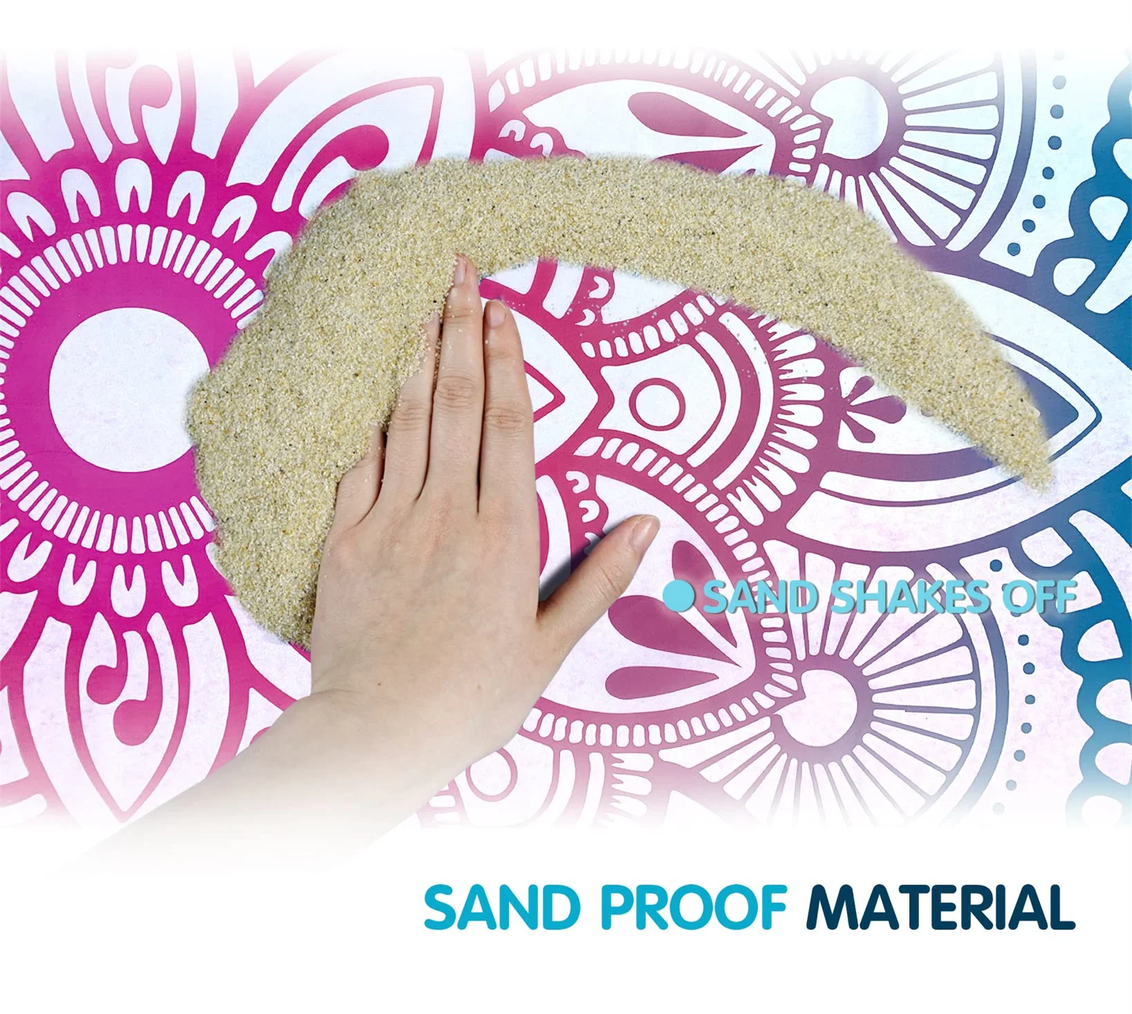 Sand Proof Beach Blanket with Corner Pockets and Mesh Bag for Beach Party,Travel,Camping,Watercolor Sky Blue Light Pink Mandala 2