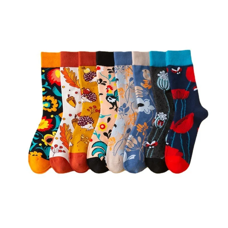 New high-quality AB feet flower and bird pattern mid-tube casual cotton socks men's tide socks can wear large socks tide brand socks male letter boom tube socks female tide european and american street hip hop wild high top skateboard socks