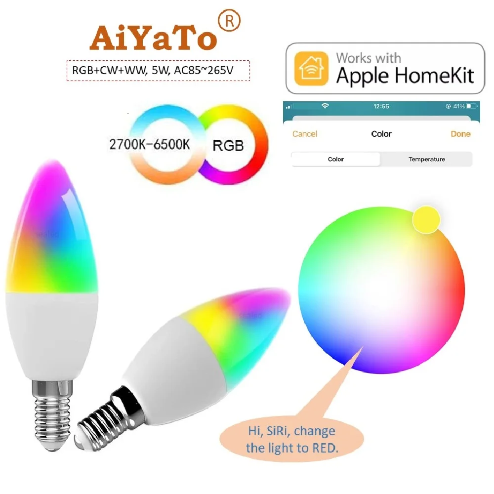 AiYaTo HomeKit WiFi Smart Light 5W E14/E12 RGB+CW+WW Candle Lamp Works