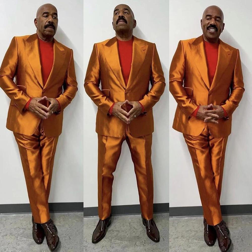 Shiny Orange Blazer Trousers Golden Men's Suits Wedding Tuxedo Terno Masculino Wide Lapel Prom Groom 2Pcs Slim Fit Jacket+Pants