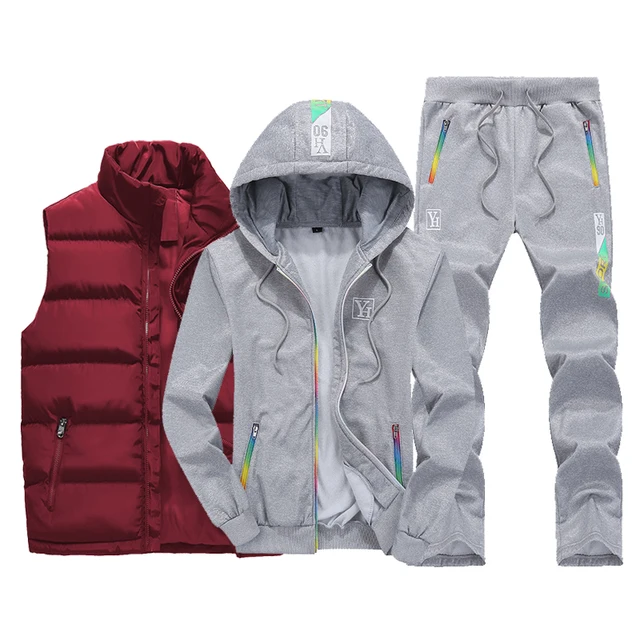 Men Tracksuit Outfit Sweat Suit New Winter Men's Clothing Men Sets 3 Pieces Vest Hoodie Set Fleece Zipper Casual Sport Sweatpant 4